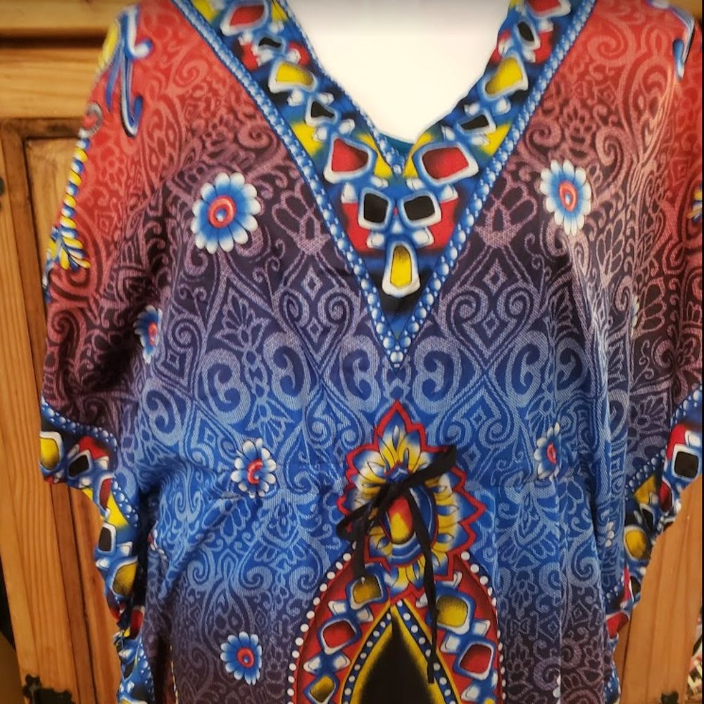 Red Blue Yellow Women Plus One Free Size Cover Up Tunic Dress - Picture 1 of 4